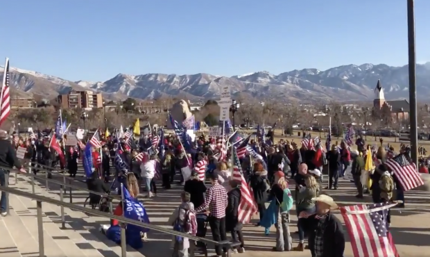 Hundreds of Pro-Trump protesters gather outside the Utah State Capitol on Jan. 6, 2021. (Dan Rascon...