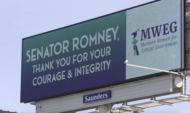A billboard thanking Sen. Mitt Romney for denouncing violence at the U.S. Capitol. (KSL-TV)...