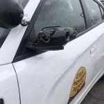 The truck smashed the side view mirror on Giles' vehicle. (Stuart Johnson/KSL-TV)