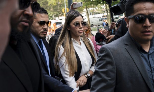 Emma Coronel Aispuro, wife of Joaquin "El Chapo" Guzman, is surrounded by security as she arrives a...
