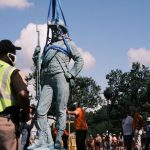 Workers inspect the Confederate soldiers and sailors statue on July 8, 2020 in Richmond, Virginia. Mayor Levar Stoney ordered the removal of all city owned Confederate statues. (Photo by Eze Amos/Getty Images)