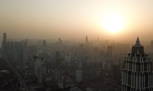 An aerial view of the city sunset on January 28, 2021 in Wuhan, China. In order to curb the spread ...