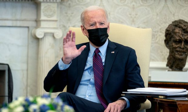 U.S. President Joe Biden speaks during a meeting with Vice President Kamala Harris, Speaker of the ...