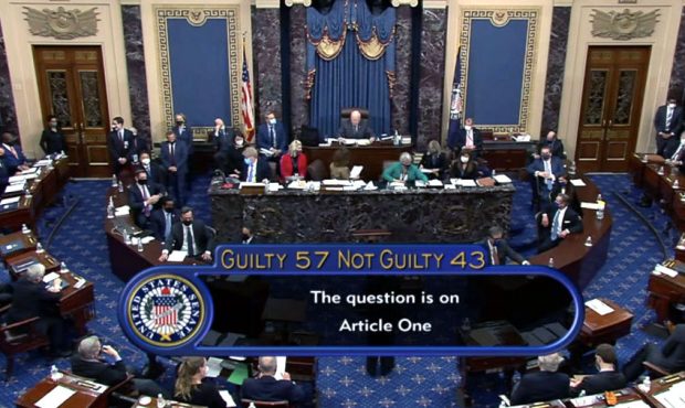 In this screenshot taken from a congress.gov webcast, Senate votes 57-43 to acquit on the fifth day...