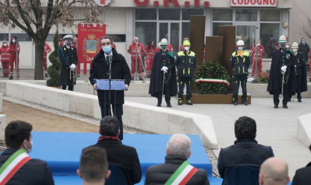 Attilio Fontana President of Lombardy speaks during a memorial for the victims of coronavirus will ...