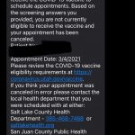 A picture of a text message Utahns who signed up for a vaccine in error got, notifying them their appointment was cancelled.