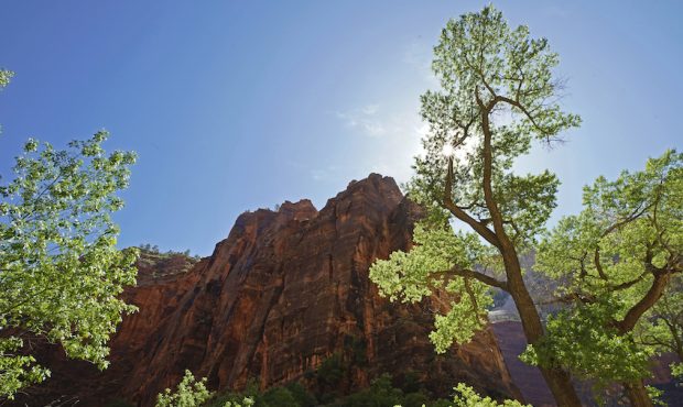The morning sun lights up large rock formations in Zion National Park on May 15, 2020 in Springdale...