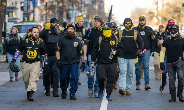 Members of the Proud Boys gather in support of President Donald Trump and in protest the outcome of...