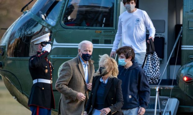 U.S. President Joe Biden, first lady Jill Biden, Hunter Biden and a family friend walk disembark Ma...