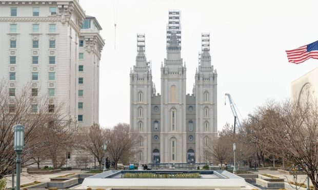 This plaza at the headquarters of The Church of Jesus Christ of Latter-day Saints is closed for  re...