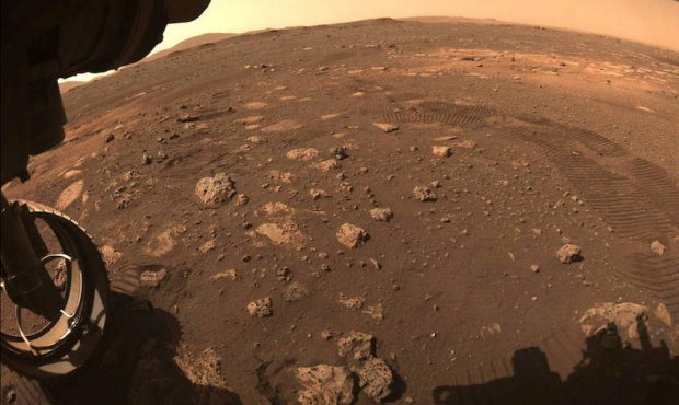 This image was captured while NASA’s Perseverance rover drove on Mars for the first time on March...