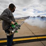 Ryan Carter, U.S. Department of Agriculture wildlife technician, operates a bird fogger at Hill Air Force Base, Utah, March 30, 2021. The fogger uses a harmless, grape-flavored chemical often found in beverages to coat insects and repel birds from critical areas of Hill's runway. The fogger was purchased through Squadron Innovation Funds to augment the 75th Air Base Wing Safety Office's Bird/Wildlife Aircraft Strike Hazard program which aims to reduce hazards to aircraft operations.  (U.S. Air Force photo by R. Nial Bradshaw)