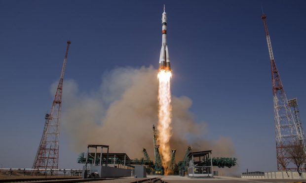 The Soyuz MS-18 rocket is launched with Expedition 65 NASA astronaut Mark Vande Hei, Roscosmos cosm...