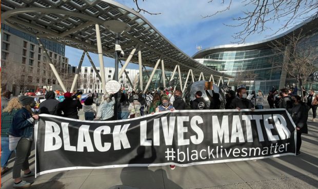Black Lives Matter demonstrators rally outside the Salt Lake City Police Department on Friday, Apri...