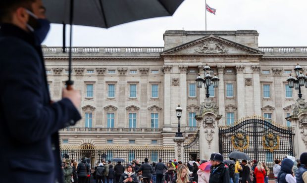 The Union Flag at Buckingham Palace fly's at half mast as rain begins to fall on April 10, 2021 in ...