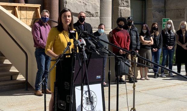 Salt Lake City Mayor Erin Mendenhall announces an extension of the city's mask order on April 7, 20...