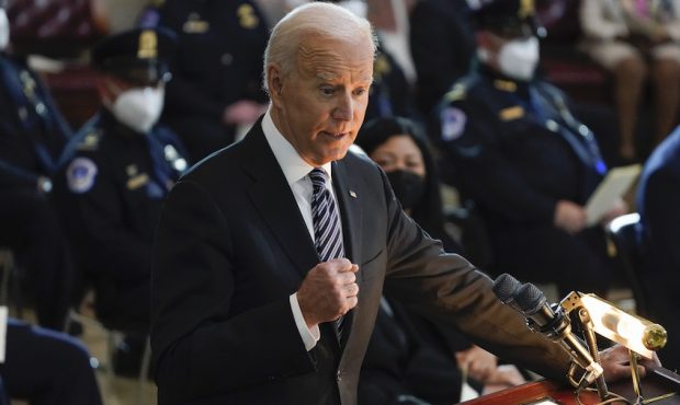 U.S. President Joe Biden arrives to pay respects as the late Capitol Police officer William Evans l...