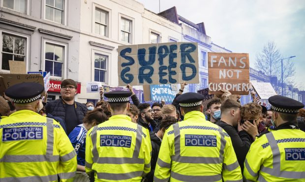 Fans of Chelsea Football Club protest against the European Super League outside Stamford Bridge on ...