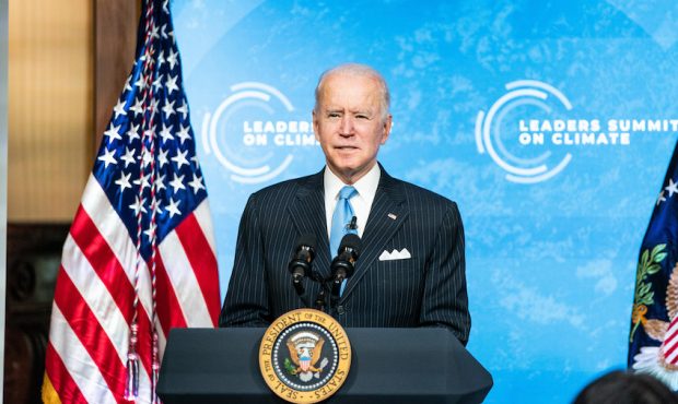 President Joe Biden delivers remarks during a virtual Leaders Summit on Climate, in the East Room o...