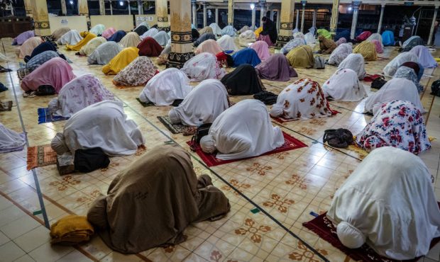 Indonesian Muslims perform  Tarawih prayers to mark the start of the holy month of Ramadan at the K...