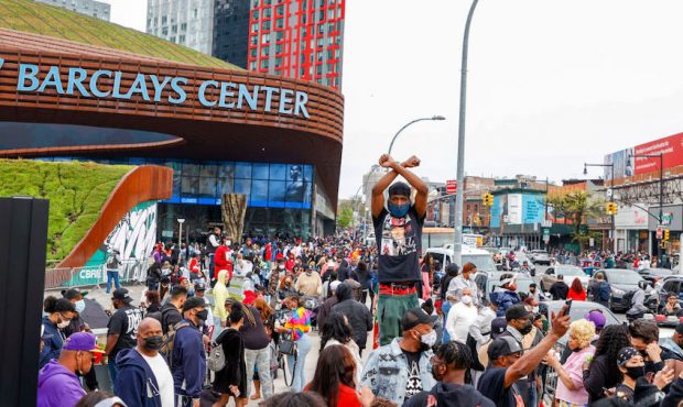 A view of the crowd outside during the Memorial Service Held For Rapper DMX at Barclays Center on A...