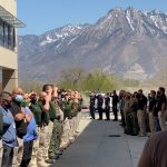About 100 deputies and other first responders gathered outside the Intermountain Medical Center for an honor cordon to salute the Deputy Grossett as he was released. (Salt Lake County Sheriff's Office)