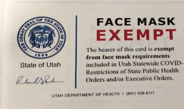 Fake mask exemption card (Used by permission, Utah Department of Health)...