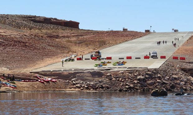 The Antelope Point launch ramp is closed due to dropping water levels at Lake Powell. (National Par...