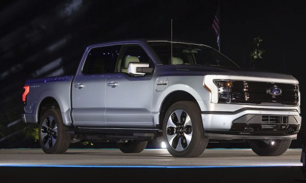 The new all-electric Ford F-150 Lightning performance pickup truck is revealed at a livestream even...