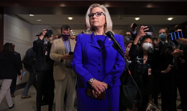 Rep. Liz Cheney (R-WY) talks to reporters after House Republicans voted to remove her as conference...