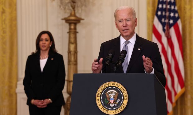 U.S. President Joe Biden, joined by Vice President Kamala Harris, gives an update on his administra...