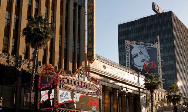 A view of the El Capitan during the Los Angeles premiere of Disney's "Cruella" at El Capitan Theatr...