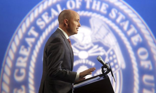Gov. Spencer Cox speaks during the PBS Utah Governor’s Monthly News Conference at the Eccles Broa...
