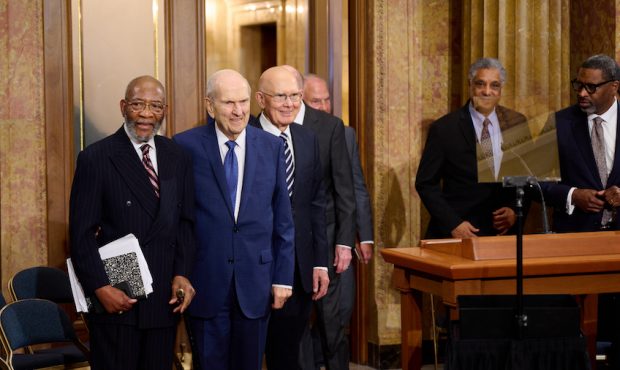 President Russell M. Nelson (second from the left), President Dallin H. Oaks (to the right of Presi...