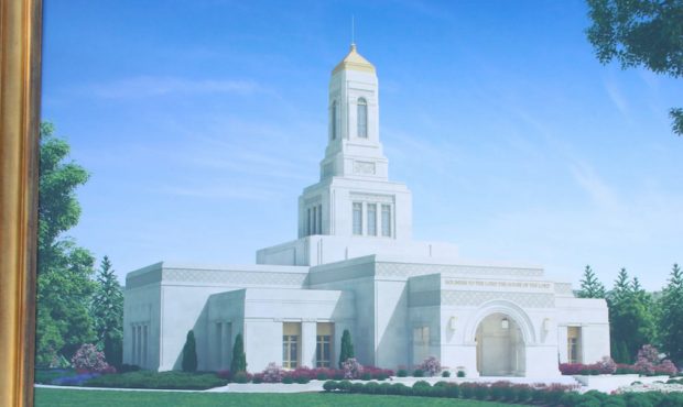 A rendering of the Helena Montana Temple as seen at the site of the temple during the groundbreakin...