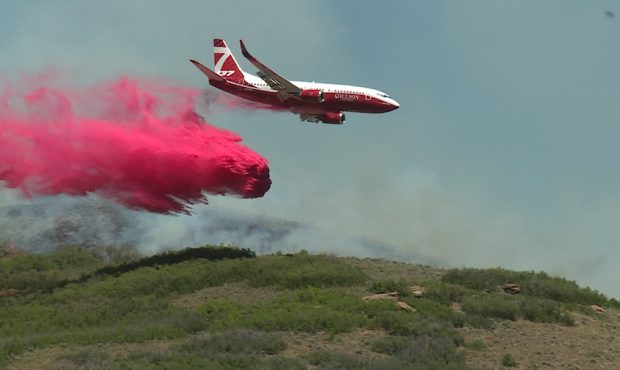 An air tanker drops retardant on the East Canyon Fire. (Mike Anderson/KSL TV)...