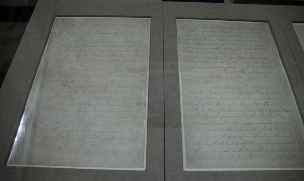 The Emancipation Proclamation is pictured at the National Archives on April 16, 2019 in Washington,...