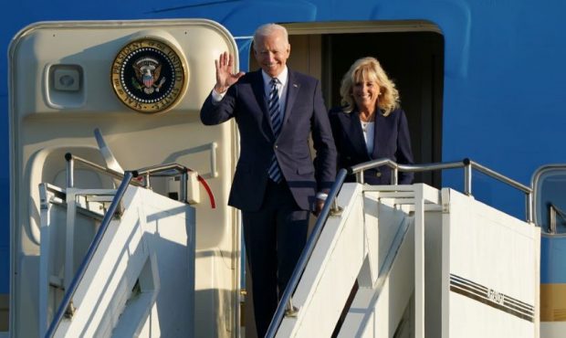 MILDENHALL, ENGLAND - JUNE 09: US President Joe Biden and First Lady Jill Biden arrive on Air Force...