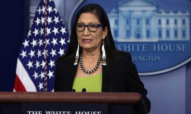 U.S. Secretary of the Interior Deb Haaland speaks during a daily press briefing at the James Brady ...
