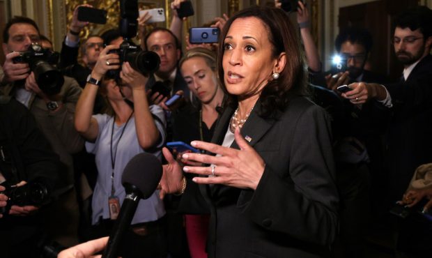 Vice President Kamala Harris speaks to members of the media after presiding over a vote on a sweepi...