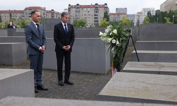U.S. Secretary of State Antony Blinken (C) and German Foreign Minister Heiko Maas visit the Memoria...