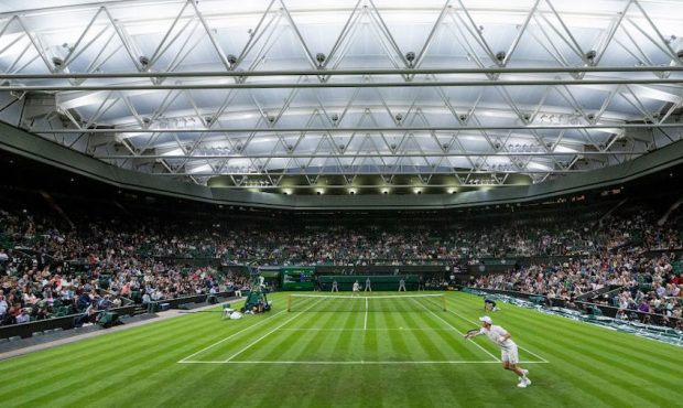 A general view of centre court during the Men's Singles First Round match between Andy Murray of Gr...