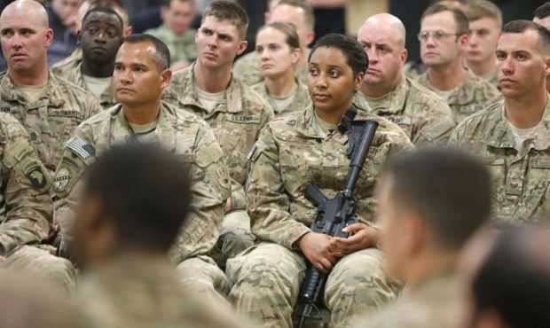 KANDAHAR, AFGHANISTAN - FEBRUARY 22: Soldiers listen as U.S. Secretary of Defense Ash Carter (not p...