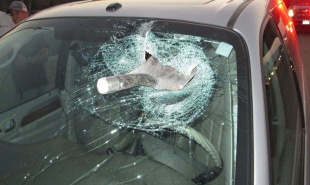 A shovel on the side of the road smashed through this windshield on a Utah highway. (Used by permis...