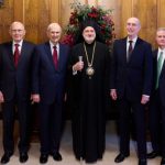 From left to right: Reverend Archdeacon Dionysios Papiris; President Dallin H. Oaks; President Russell M. Nelson; His Eminence Archbishop Elpidophoros; President Henry B. Eyring; Elder David A. Bednar; Very Reverend Archimandrite George Nikas. The photo was taken on July 22, 2021, in the Church Administration Building. (Used with Permission: The Church of Jesus Christ of Latter-day Saints)