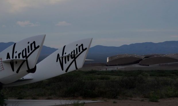 TRUTH OR CONSEQUENCES, NM - JULY 10: The tail fins of a Virgin Galactics spaceplanes is seen in fro...