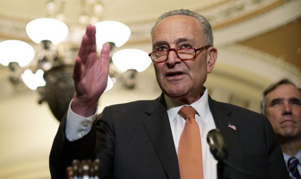 Senate Majority Leader Sen. Chuck Schumer (D-NY) speaks during a news briefing after the weekly Sen...