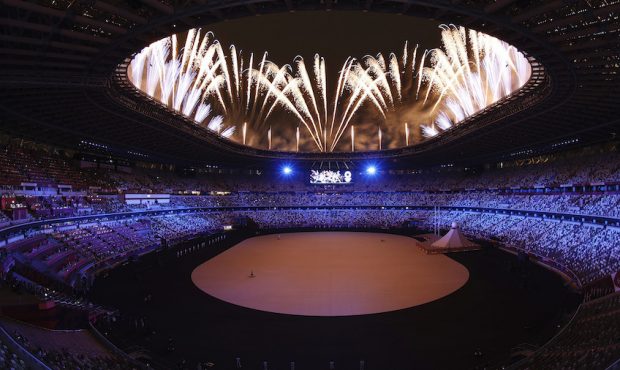 General view inside the stadium as fireworks are seen during the Opening Ceremony of the Tokyo 2020...