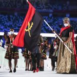 Flag bearers Samantha Roberts and Cejhae Greene of Team Antigua and Barbuda during the Opening Ceremony of the Tokyo 2020 Olympic Games at Olympic Stadium on July 23, 2021 in Tokyo, Japan. (Photo by Matthias Hangst/Getty Images)