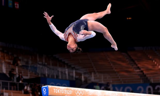 Sunisa Lee of Team United States competes on balance beam during the Women's All-Around Final on da...
